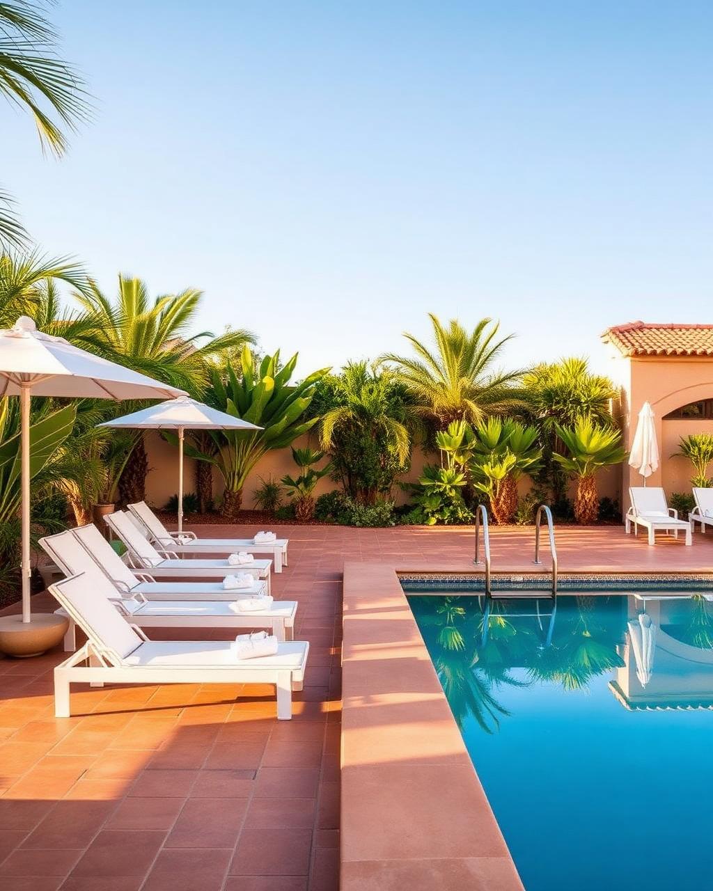 Transats et parasols au bord de la piscine